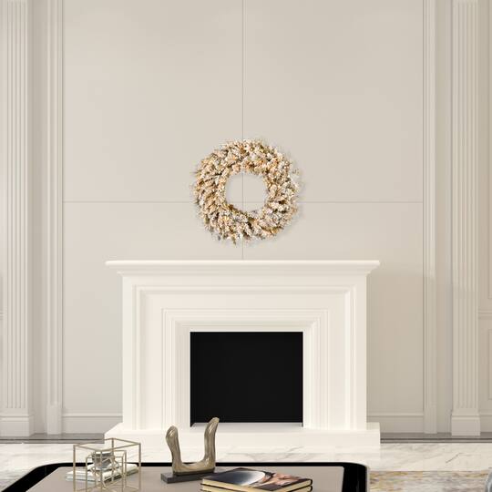 24" Warm White Dura-Lit® LED Frosted Gold Wreath